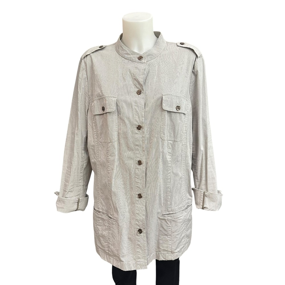 J. Jill Womens Gray Pinstripe Brown ButtonED Utility Casual Layering Jacket XLT